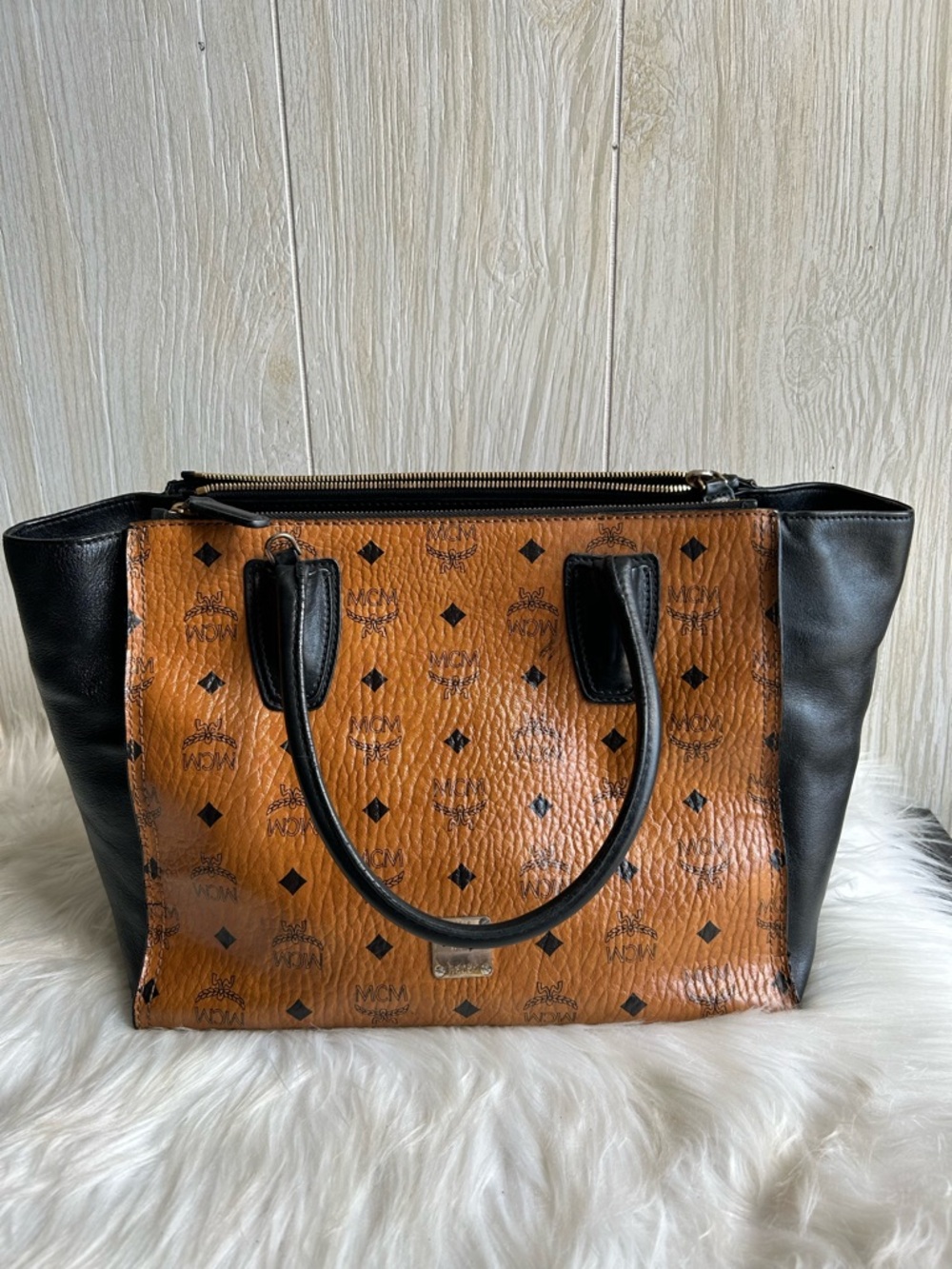 MCM Cognac Visetos Canvas Tote with Black Leather Trim